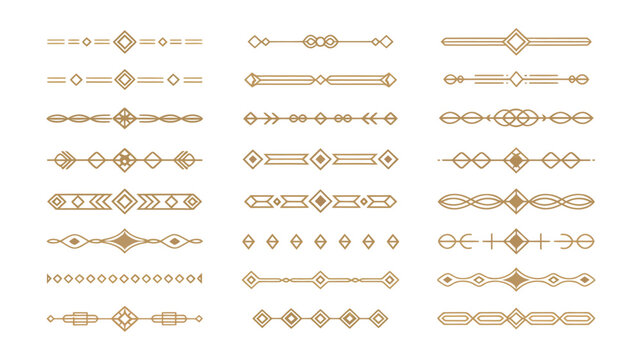 Gold art deco vintage 1920s decorative frame collection, elegant golden border ornaments, minimal luxury divider headers, geometric retro template design assets for branding identity, invitations and 