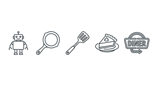Robot, pan, spatula, pie, diner sign icons are presented in a clean, minimalist outline style, perfect for various digital and print applications.