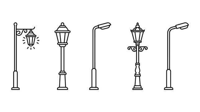 Collection of various street lamps and lampposts depicting different styles of outdoor lighting fixtures for city streets and public spaces.