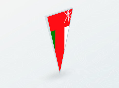 3D Flag of Oman in Triangular Pin Shape on Abstract Background