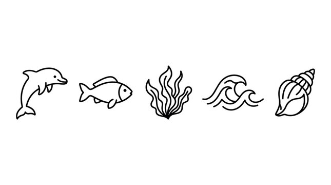 Simple black outline icons depicting various ocean creatures and natural elements like a playful dolphin, fish, seaweed, waves, and a seashell.