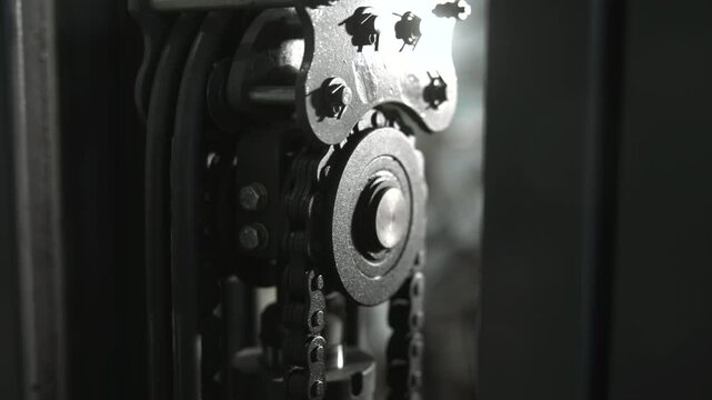 Gear System Closeup. Magnified View Of Sprocket Mechanism With Dynamic Chain Links In Gritty Setting. Media