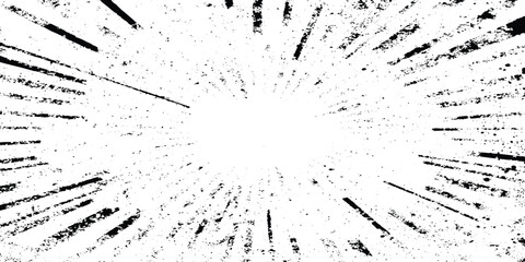 Abstract radial explosion with ink splatter lines bursting from the center, high-contrast black and white, dynamic motion, vintage grunge texture vector illustration, minimalist background. © TextureStock
