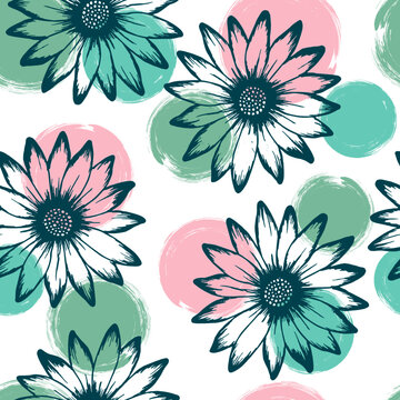 African daisy naive summer seamless pattern. Rudbeckia daisy blossom over circles background. Decorative garden flowerheads vector wallpaper. Girlie botanical background.