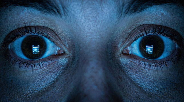 Extreme Close Up of Eyes Glowing from Smartphone Screen Addiction in Dark Room