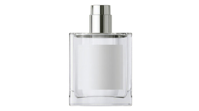 Clear glass perfume bottle with silver cap isolated transparent PNG on white background