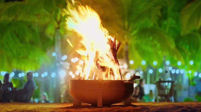 A beautiful bonfire on the ocean beach at a hotel on a tropical island