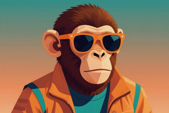 Cool monkey wearing sunglasses and jacket. Visual illustration with faceted style. Modern ape with orange shades and stylish outfit, minimalist art.