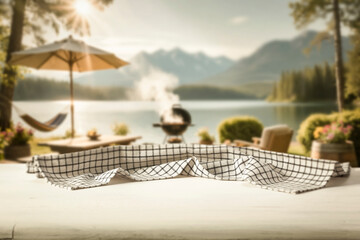 Fototapeta premium Wooden table with clean copy space for product placement and relaxing summer atmosphere with blurred summer picnic background.