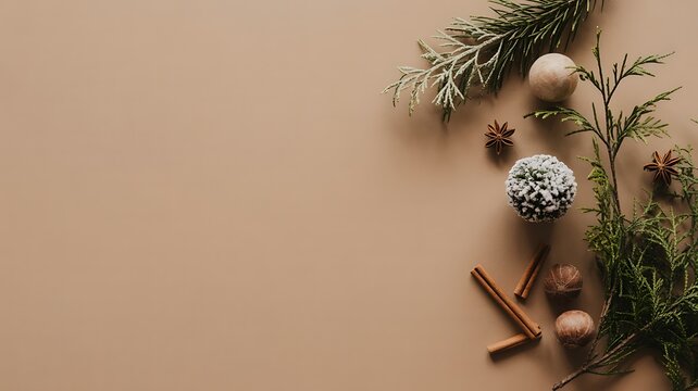 Christmas decoration with pine branches cinnamon sticks and ornaments on brown background