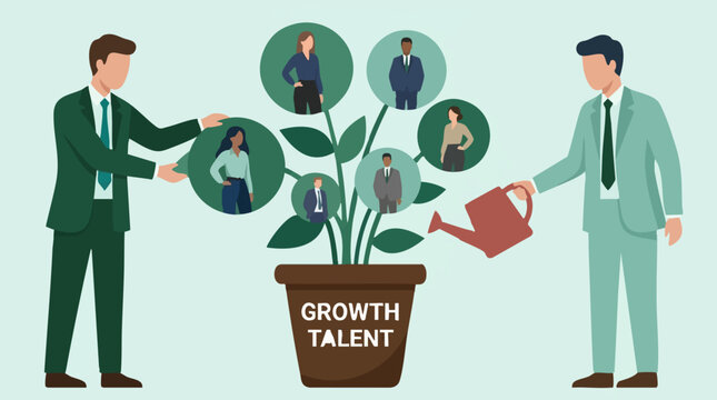 Businessmen nurturing talent and professional growth in a plant pot