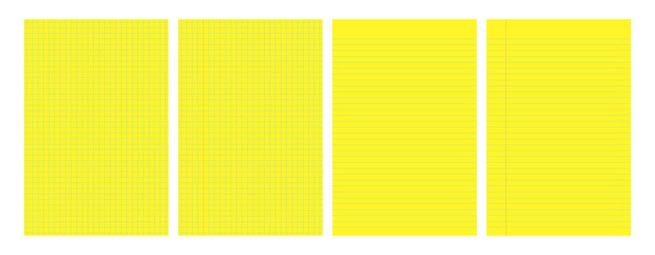 Set of yellow legal pad pages with lined or grid designs