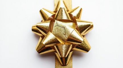 Fototapeta premium Shiny gold star bow decoration rests on white background. Festive ribbon element for gifts and celebrations. Great for holidays and special occasions.