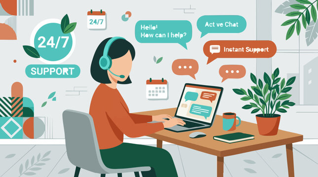 Online customer support agent offering 24/7 instant chat service from home