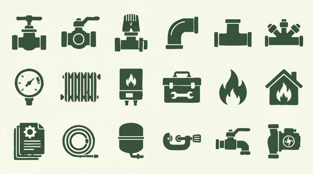 Plumbing and heating system icons set with tools and parts