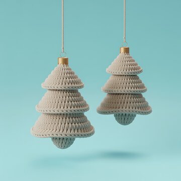 Two beige crochet Christmas tree pendant lamps hanging from cord