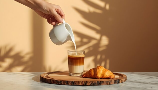 Hand pouring milk into coffee glass on wooden tray with croissant