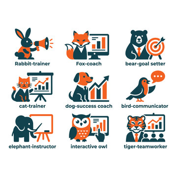 Business animals team training and coaching icons isolated on white background