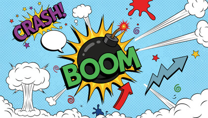 Comic explosion on light blue background with crash boom text © RashidStock
