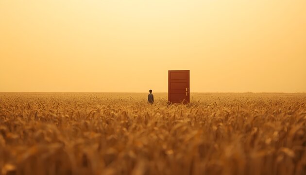 Person standing near red door in wheat field at sunset