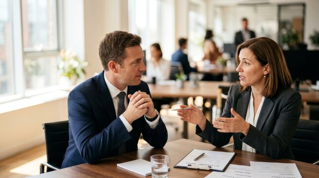 Meeting and presentation at the desk. Close-up of corporate job interview with two professionals in office, woman gesturing with pen while man listens.