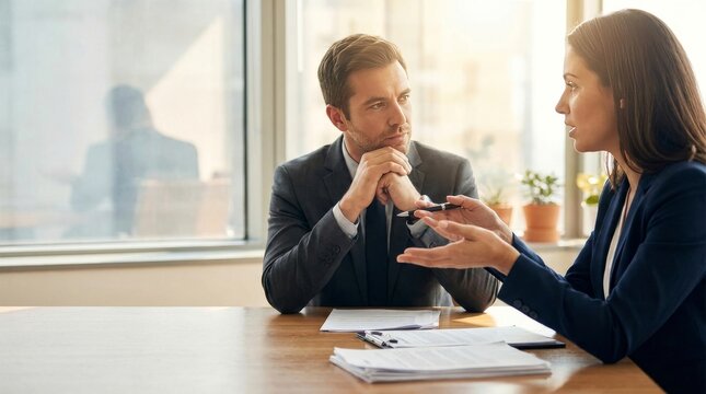 Meeting and presentation at the desk. Close-up of corporate job interview with two professionals in office, woman gesturing with pen while man listens.
