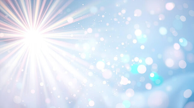 Bright shining sunburst with lens flare and dreamy floating bokeh orbs on an abstract light blue background