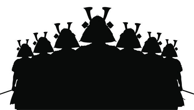 Silhouettes of samurai warriors in full armor create a formidable and imposing formation, ready for battle.