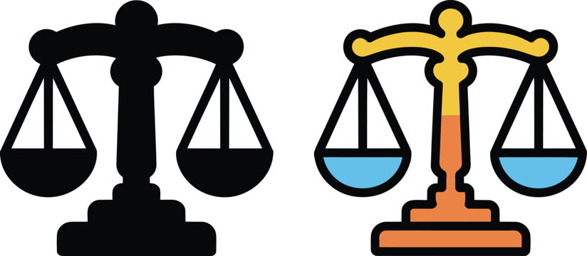 Scales of justice icon and silhouette, symbol of law and balance, with black fill options and comparison of weighing and guiding principle in outline