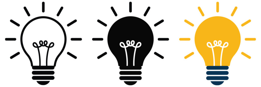 Light bulb idea icon set outline solid and colored style collection, creative thinking innovation inspiration concept icons, energy solution and business startup strategy visual elements, modern flat 