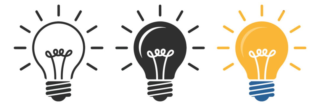 Light bulb idea icon set outline solid and colored style collection, creativity innovation inspiration energy solution and business concept vector illustration, modern minimal pack for 