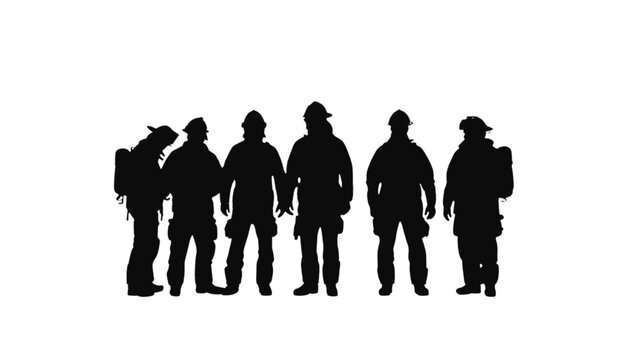 Firefighter silhouettes, a group of six, stand together in uniform and helmets against a clean white.