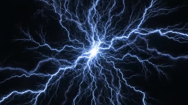 Bright blue electrical lightning bolts radiate from a central glowing light source