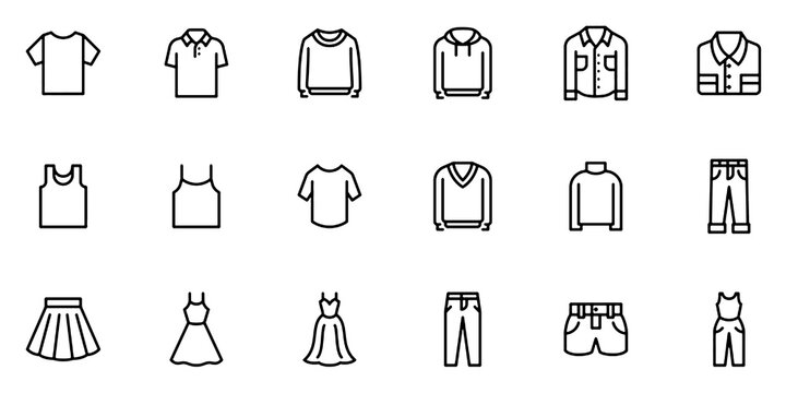 Fashion and Clothing Apparel Line Icons Set. T-Shirt, Jacket, Sweater, Dress, Blazer, Coat, Pants and Modern Garment Collection Vector Illustration.
