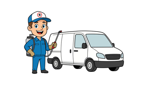 Cartoon mechanic standing next to white van