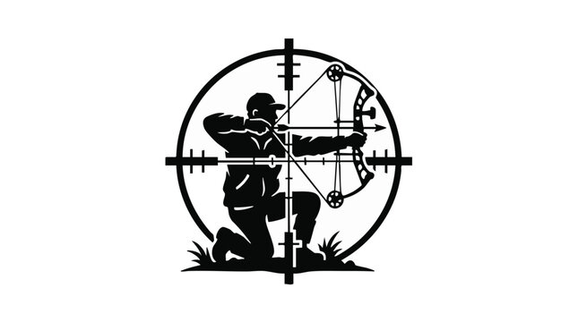 Silhouette of a bow hunter kneeling and aiming with a compound bow inside a scope reticle