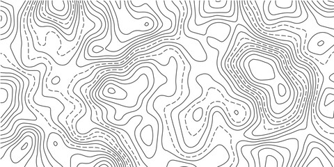 Obraz premium Abstract Topographic Contour Line Pattern in Black and White with Terrain Elevation Curves, Dashed Geographic Elements and Minimal Map Design.