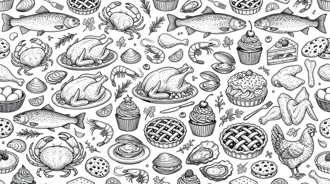 Hand Drawn Vintage Food Seamless Pattern with Seafood Chicken Desserts and Bakery Illustrations