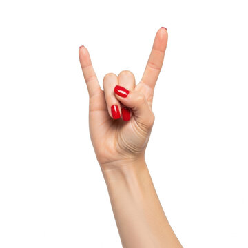 Hand making peace sign gesture with red nail polish isolated on transparent background