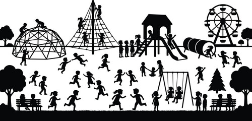 Fototapeta premium Playground Silhouette Against White Background Children And Recreational Equipment