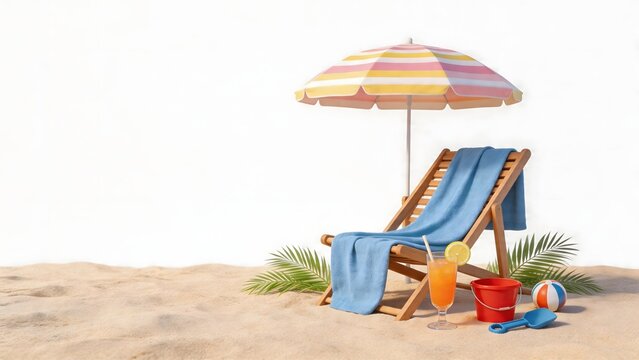 Beach chair with umbrella and drink