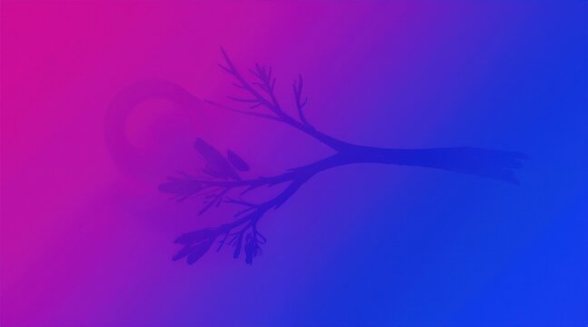 Branch with leaves graphic on pink blue gradient background. Abstract, simple digital art. Modern design for web art, crypto, and animation. Blank space.