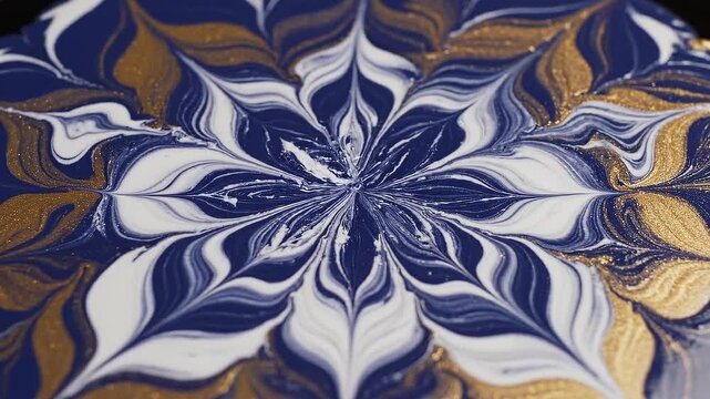 Close-up Macro View of Liquid Marbling with Deep Blue White and Metallic Gold Swirls Forming Intricate Floral Patterns and Organic Shapes in a Visually Display Keywords: marbling, liquid abstract