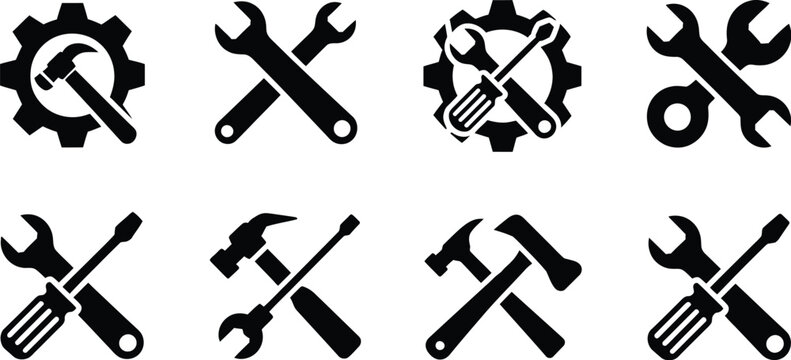 Tools, and service icon set, wrench screwdriver and gear symbols representing maintenance repair and technical support in modern flat vector design.