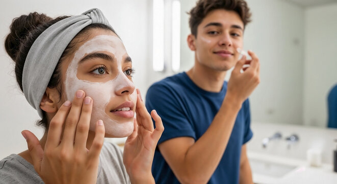 Young teens doing skincare routine, applying facial mask and moisturizer in bright bathroom. Teenagers performing daily skincare ritual, focusing on healthy complexion and self care.