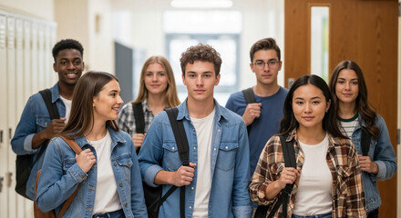 Obraz premium Happy teenagers walking along bright school hallway. Diverse students with backpacks, conversing, representing youth, education, campus life as teenagers walking to class.