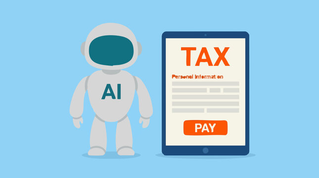 AI Robot and Tablet Displaying Online Tax Payment Application