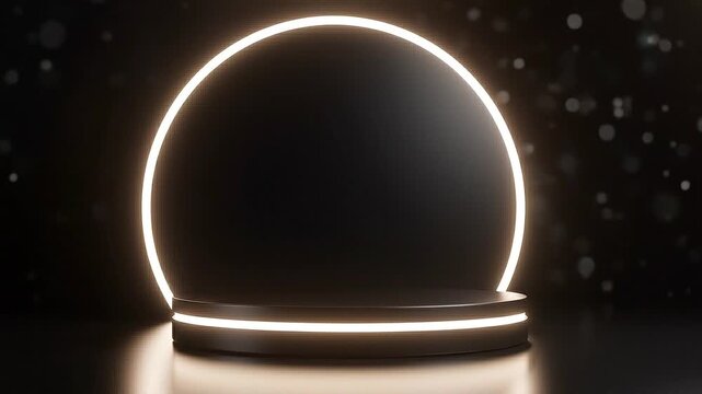 Minimalist dark podium with a glowing white circular halo light behind it and subtle bokeh effects in the background suggesting a stage for product display or ceremony with a clean and modern