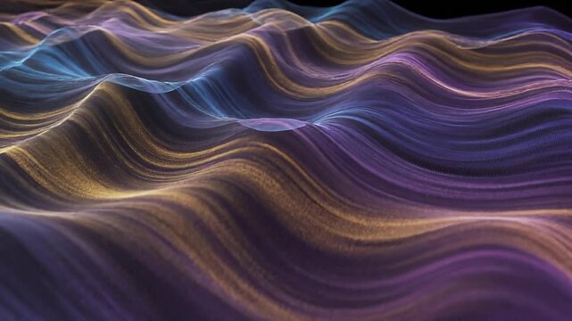 Abstract digital visualization of flowing waves and undulating lines in vibrant purple and gold hues, a luminous mesh-like texture creates a sense of depth and movement, science fiction or