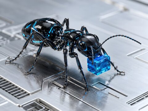 Macro shot of a futuristic cybernetic ant carrying a glowing blue data cube on a metallic circuit board, representing nanotechnology, data transfer, and artificial intelligence.